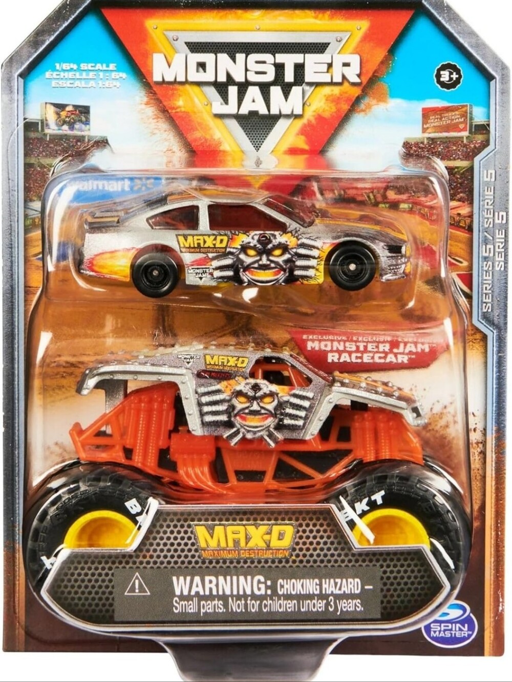 Monster Jam MAX-D Orange Monster Truck & Silver Race car Toy Set 2023
